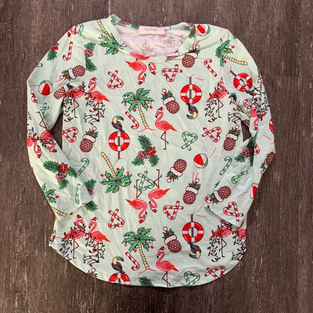Full Circle Trends Girls Shirt Long Sleeve Mint Candy Cane Holiday Top Size 16